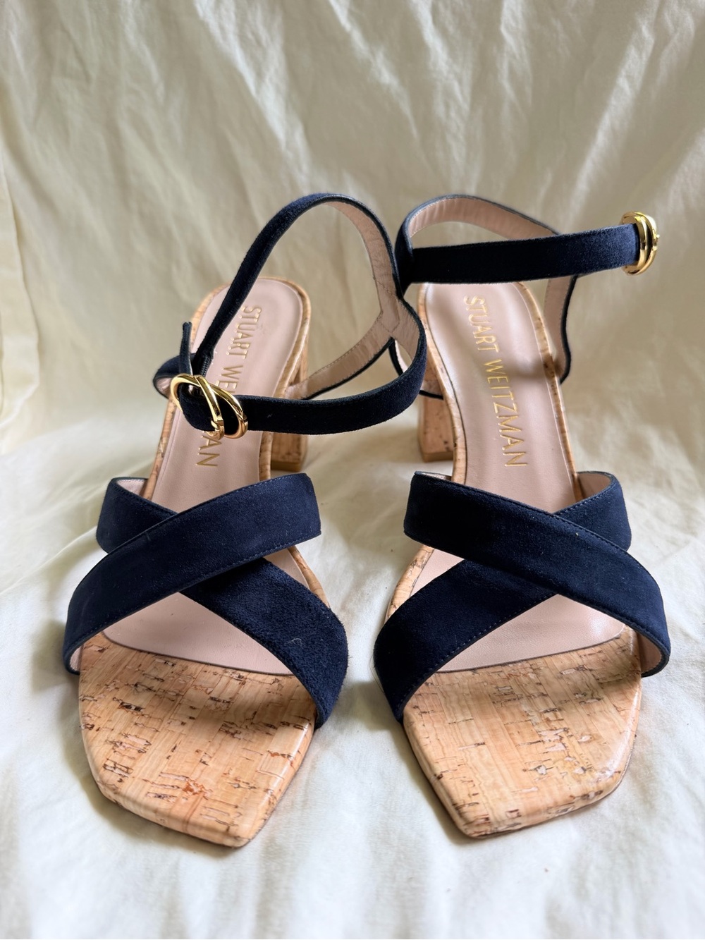 Stuart Weitzman Black Suede Cork Heel Ankle-Strap Sandals